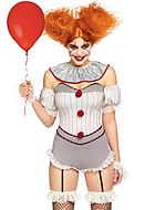 Creepy female clown from IT, costume romper, ruffles, pom pom buttons, stripes